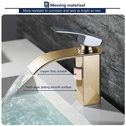 HOMELODY Grifo de Lavabo Cascada Grifo para Baño de Latón Grifo Grifo de Cuenca Monomando Cuadrado Mezclador Agua Fría y Caliente Grifo Cromo-Plateado con Válvula De Cerámica