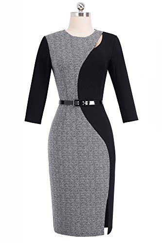 HOMEYEE Vestido de Negocios con cinturón de Cuello Redondo y Manga 3/4 para Mujer B478 (EU 36 = Size S, Gris)