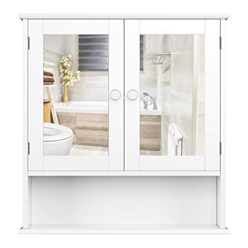 Homfa Armario de Baño con Espejo Armario de Pared Armario de Cocina o Medicina Blanco 2 Puertas y 3 Estanterías MDF 56x13x55cm