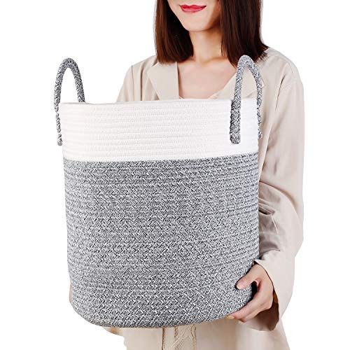 Homfa Cesto para Colada 100L Cesto de Ropa de Almacenamiento de Cuerda de Algodón Natural para Salón Dormitorio Baño 33 x 38 x 33cm Blanco y Gris