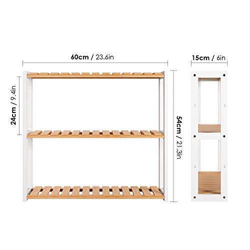 Homfa Estantería Baño Pared Estantería de Bambú Organizador Colgante para Baño Salón o Cocina con 3 Estantes Blanco y Natural 60x15x54cm