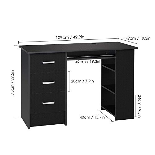 Homfa Mesa de Escritorio Mesa de Ordenador Escritorio de Oficina Estudio con 3 Cajones 3 Estantes Negro 109x49x75cm