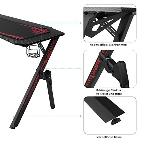 Homfa Mesa Gaming PC Escritorio Gaming Mesa para Ordenador con Portavaso Gancho para Auriculares Soporte para Gamepad Alfombrilla de Ratón Negro 110x55x75cm