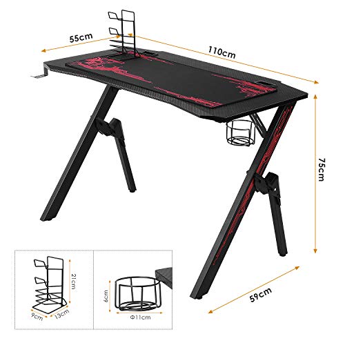 Homfa Mesa Gaming PC Escritorio Gaming Mesa para Ordenador con Portavaso Gancho para Auriculares Soporte para Gamepad Alfombrilla de Ratón Negro 110x55x75cm