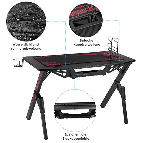 Homfa Mesa Gaming PC Escritorio Gaming Mesa para Ordenador con Portavaso Gancho para Auriculares Soporte para Gamepad Alfombrilla de Ratón Negro 110x55x75cm