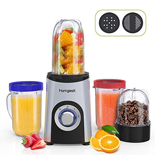 homgeek Batidora de Vaso, Licuadora Smoothies de Alta Velocidad con 350W, 2 Velocidades Molinillo, Licuadora Pequeña para Batidos de Frutas y Verduras, Fácil de Limpiar, Sin BPA (Plata)