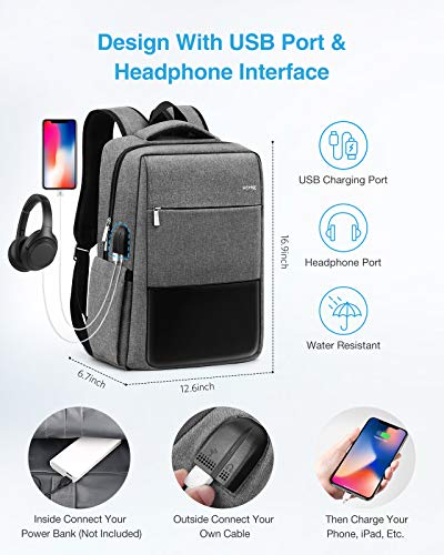 HOMIEE 15.6 Pulgadas Mochila de Viaje para Portátil con Puerto de Carga USB para Auriculares Bolsa antirrobo, Mochila Informal Delgada, para los Estudios, Trabajo, Negocios - Gris