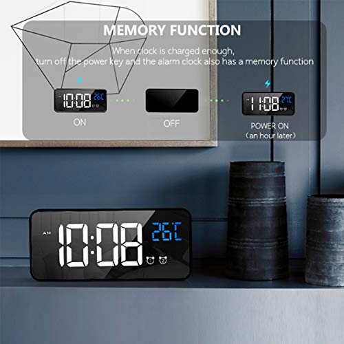 HOMVILLA Reloj Despertador Digital con Pantalla LED de Temperatura, Alarma de Espejo Portátil con Alarma Doble Tiempo de Repetición 4 Niveles de Brillo Regulable 13 Música Despertadores Digitales