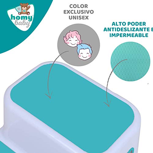 HOMYBABY Taburete Niños | Escalón Infantil con Superficie Antideslizante Reforzada para Lavabo, WC, Cocina, Cama | Alzador Adaptador WC niños | Taburete Baño Infantil color Turquesa