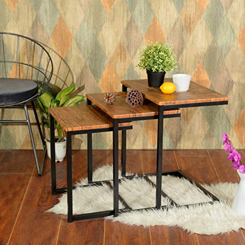 HOMYCASA - Juego de 3 mesas auxiliares apilables de madera para sala de estar, metal, color marrón HOMYCASA - Juego de 3 mesas auxiliares apilables de madera para sala de estar, metal, color marrón