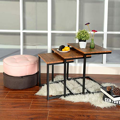HOMYCASA - Juego de 3 mesas auxiliares apilables de madera para sala de estar, metal, color marrón HOMYCASA - Juego de 3 mesas auxiliares apilables de madera para sala de estar, metal, color marrón