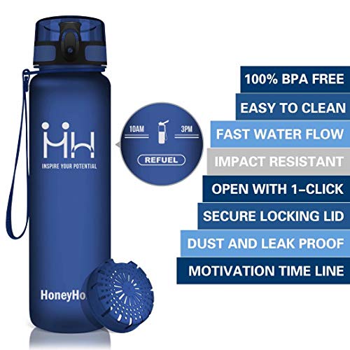 HoneyHolly Botella de Agua Deportes 350ml/500ml/800ml/1000ml/1500ml Sin Bpa & Apertura con un Solo botón Reutilizable Filtro Botella Gimnasio Tritan Plástico para Niños, Sport, Gimnasio, Trekking