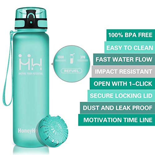 HoneyHolly Botella de Agua Deportes 350ml/500ml/800ml/1000ml/1500ml Sin Bpa & Apertura con un Solo botón Reutilizable Filtro Botella Gimnasio Tritan Plástico para Niños, Sport, Gimnasio, Trekking