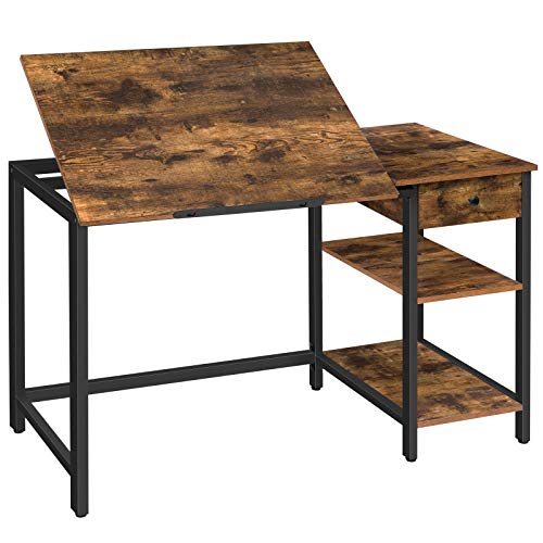 HOOBRO Escritorio, Mesa de Dibujo, Mesa de Ordenador, Inclinable, Altura Ajustable, Escritorio de Oficina con Cajón y Estantes, Tira Antideslizante, Estable y Fuerte, Fácil Montaje EBF75DN01