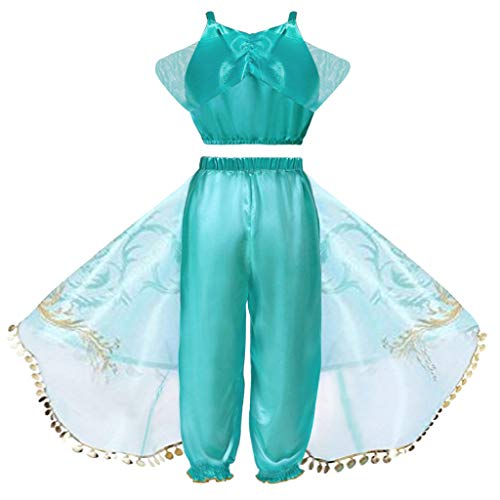 HOOPERT Niña Aladdin Princesa Jasmine Disfraz Tops Pantalones Manga Corta Traje Cosplay Actuación Carnaval Navidad Regalo Cumpleaños Danza Vientre Vestido de Princesa 3-10Años