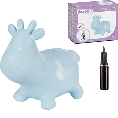 Hoppimals Tootiny, Juguete Hinchable para Saltar y Jugar para Niños Mayores de 1 año, Vaca Azul, Bomba Incluida en Nuestra Caja Regalo. Juguete Duradero Incentivar y Ayudar a Andar.