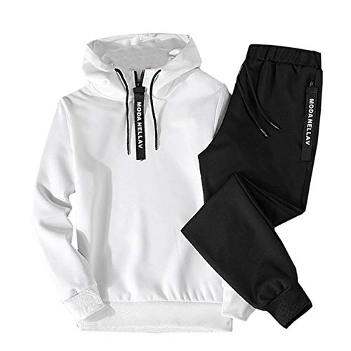 HOSD 2019 2 Piezas Sudaderas con Capucha Hombre Primavera Otoño Forro Polar Sudaderas con Capucha + Pantalones de chándal Hombre Streetwear Sólido Cálido 2 Piezas Sudadera con Capucha Blanco EM114 S