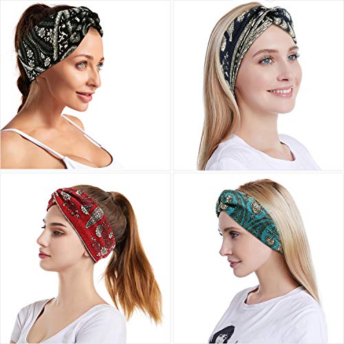 Hotelvs 4 Piezas Cintas Pelo Mujer, Hair Band Vintage Boho Diademas Criss Cross Cintas Pelo con Estampado Headband