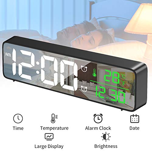 HOTERB Reloj Despertador Digital,Despertadores Digitales LED con 40 Melodias,2 Alarma,Temperatura y Hora,Digitos Grandes Reloj Digital Sobremesa Pantalla de Espejo para Dormitorio,Mesita