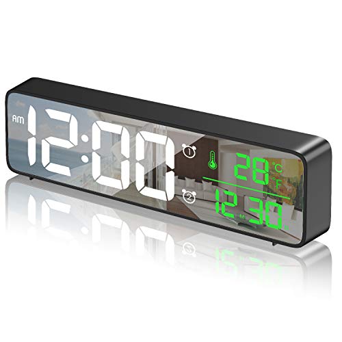 HOTERB Reloj Despertador Digital,Despertadores Digitales LED con 40 Melodias,2 Alarma,Temperatura y Hora,Digitos Grandes Reloj Digital Sobremesa Pantalla de Espejo para Dormitorio,Mesita