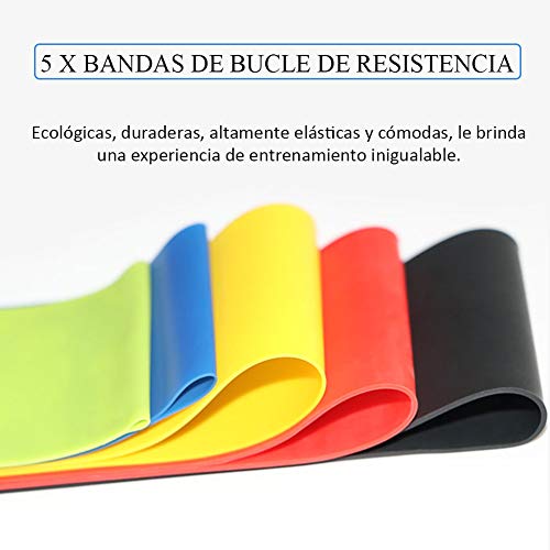 HOTSO 5 Bandas Elásticas de Resistencia + 2 Unidades Discos Deslizantes Fitness de Doble Cara, Equipos de Entrenamiento Ejercicios Deporte Musculación Pilates Gimnasio Workout Apto en Casa, Gimnasio