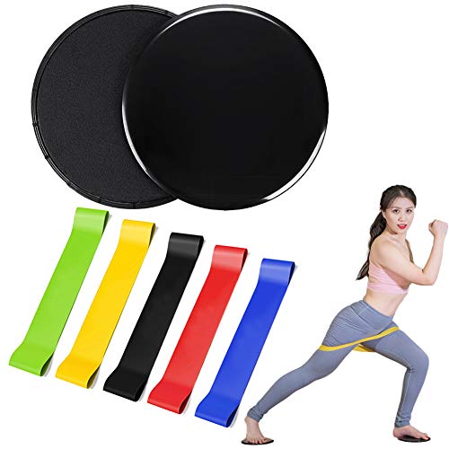 HOTSO 5 Bandas Elásticas de Resistencia + 2 Unidades Discos Deslizantes Fitness de Doble Cara, Equipos de Entrenamiento Ejercicios Deporte Musculación Pilates Gimnasio Workout Apto en Casa, Gimnasio