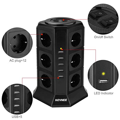 HOVNEE Regleta Vertical Enchufes de 12 Tomas Corrientes y 5 Rápida USB Tomas, Alargadora Cable de 2m con Protección y Interruptor, Base Múltiple, Tapón de Seguridad, 2500W/10A (17-EN-1) HOVNEE Regleta Vertical Enchufes de 12 Tomas Corrientes y 5 Rápida USB Tomas, Alargadora Cable de 2m con Protección y Interruptor, Base Múltiple, Tapón de Seguridad, 2500W/10A (17-EN-1)