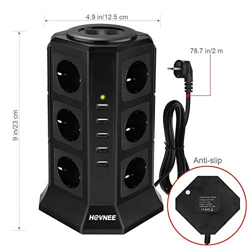 HOVNEE Regleta Vertical Enchufes de 12 Tomas Corrientes y 5 Rápida USB Tomas, Alargadora Cable de 2m con Protección y Interruptor, Base Múltiple, Tapón de Seguridad, 2500W/10A (17-EN-1)