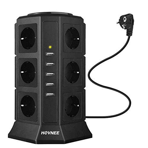 HOVNEE Regleta Vertical Enchufes de 12 Tomas Corrientes y 5 Rápida USB Tomas, Alargadora Cable de 2m con Protección y Interruptor, Base Múltiple, Tapón de Seguridad, 2500W/10A (17-EN-1)