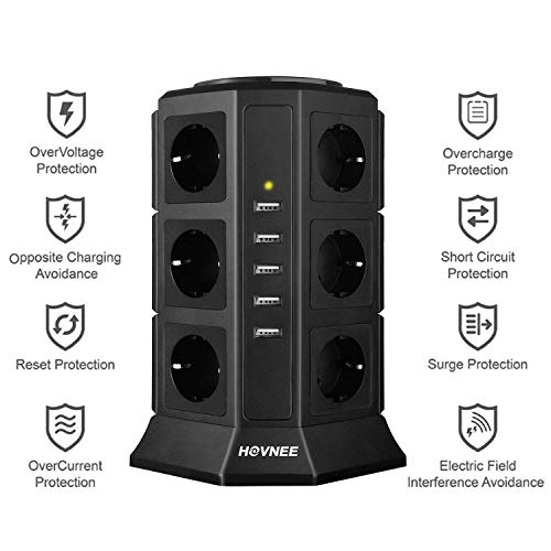 HOVNEE Regleta Vertical Enchufes de 12 Tomas Corrientes y 5 Rápida USB Tomas, Alargadora Cable de 2m con Protección y Interruptor, Base Múltiple, Tapón de Seguridad, 2500W/10A (17-EN-1)