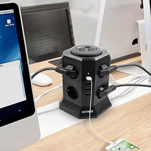 HOVNEE Regleta Vertical Torre Enchufes proteccion sobretension de 8 Tomas Corrientes y 4 Rápida USB Tomas, Cable de extensión de seguridad de 2m y Interruptor, Tapón de Seguridad, 2500W/10A HOVNEE Regleta Vertical Torre Enchufes proteccion sobretension de 8 Tomas Corrientes y 4 Rápida USB Tomas, Cable de extensión de seguridad de 2m y Interruptor, Tapón de Seguridad, 2500W/10A