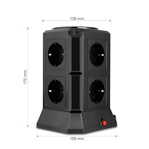 HOVNEE Regleta Vertical Torre Enchufes proteccion sobretension de 8 Tomas Corrientes y 4 Rápida USB Tomas, Cable de extensión de seguridad de 2m y Interruptor, Tapón de Seguridad, 2500W/10A