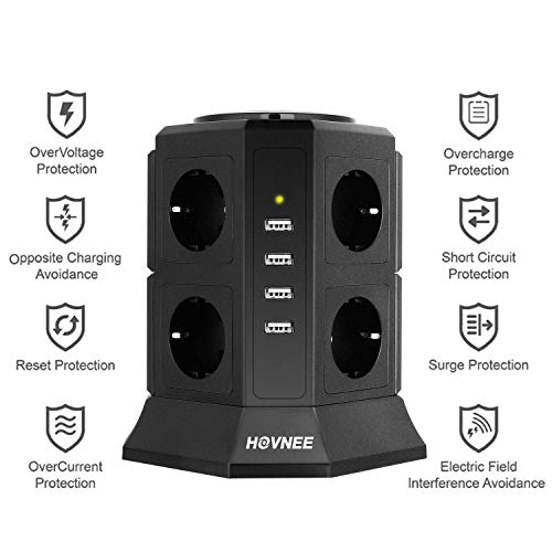HOVNEE Regleta Vertical Torre Enchufes proteccion sobretension de 8 Tomas Corrientes y 4 Rápida USB Tomas, Cable de extensión de seguridad de 2m y Interruptor, Tapón de Seguridad, 2500W/10A HOVNEE Regleta Vertical Torre Enchufes proteccion sobretension de 8 Tomas Corrientes y 4 Rápida USB Tomas, Cable de extensión de seguridad de 2m y Interruptor, Tapón de Seguridad, 2500W/10A