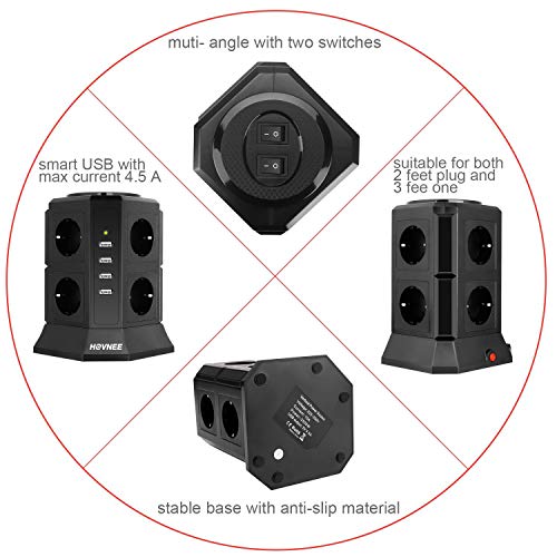 HOVNEE Regleta Vertical Torre Enchufes proteccion sobretension de 8 Tomas Corrientes y 4 Rápida USB Tomas, Cable de extensión de seguridad de 2m y Interruptor, Tapón de Seguridad, 2500W/10A HOVNEE Regleta Vertical Torre Enchufes proteccion sobretension de 8 Tomas Corrientes y 4 Rápida USB Tomas, Cable de extensión de seguridad de 2m y Interruptor, Tapón de Seguridad, 2500W/10A