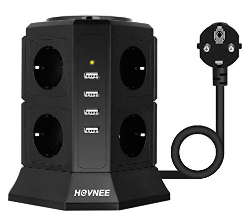 HOVNEE Regleta Vertical Torre Enchufes proteccion sobretension de 8 Tomas Corrientes y 4 Rápida USB Tomas, Cable de extensión de seguridad de 2m y Interruptor, Tapón de Seguridad, 2500W/10A