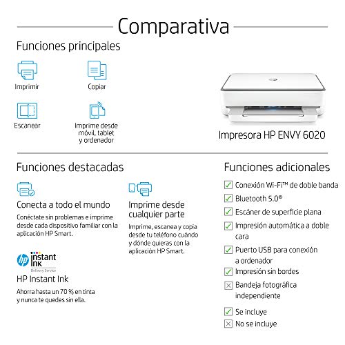 HP Envy 6020 - Impresora multifunción tinta, color, Wi-Fi, Bluetooth 5.0, compatible con Instant Ink (5SE16B)