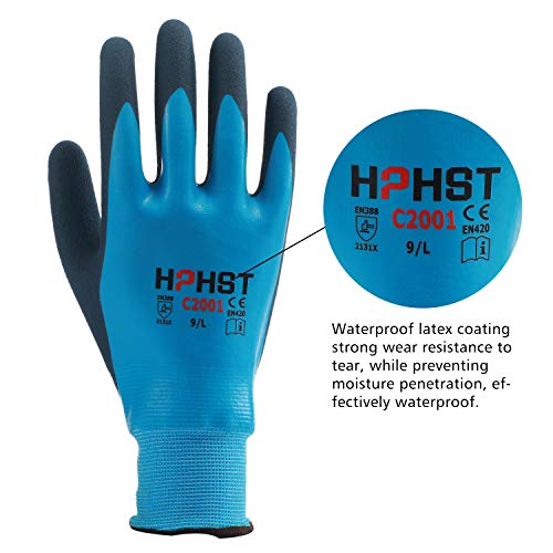 HPHST C2001 - Guantes de trabajo para hombre y mujer, impermeables, con látex de espuma y revestimiento de goma, 1 par, talla 7/S