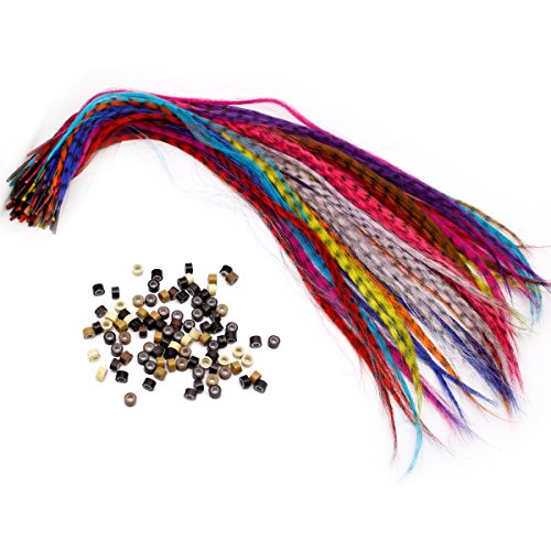 HQdeal Kit de extensión de pelo de plumas con 52 plumas sintéticas, 100 cuentas, alicates y gancho (colores mezclados)