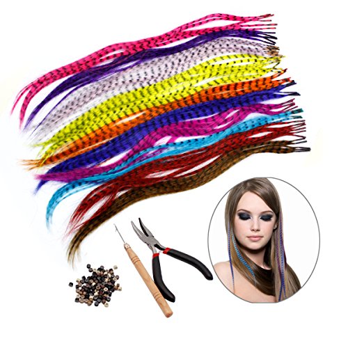 HQdeal Kit de extensión de pelo de plumas con 52 plumas sintéticas, 100 cuentas, alicates y gancho (colores mezclados)