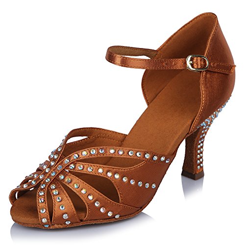 HROYL Zapatos de Baile para Mujeres y Niñas Latino de Diamantes de imitación Señoras Salsa Latina Tango Zapatos de Boda de satén,ESAF43502,Marrón,35EU