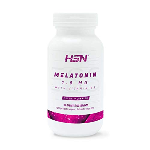 HSN Melatonina 1,8mg Dormir Mejor + Mejorar el Sueño + Descanso por la Noche + Combate los trastornos del Sueño, Estrés y Fatiga, Jet Lag | Vegano, Sin Gluten, Sin Lactosa, 120 Tabletas