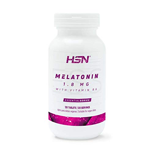 HSN Melatonina 1,8mg Dormir Mejor + Mejorar el Sueño + Descanso por la Noche + Combate los trastornos del Sueño, Estrés y Fatiga, Jet Lag | Vegano, Sin Gluten, Sin Lactosa, 120 Tabletas