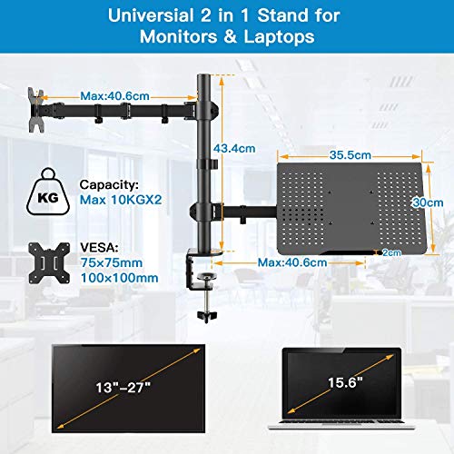 HUANUO Brazo de Monitor Bandeja para Computadora Portátil, Totalmente Ajustable para Pantalla LCD LED de 13 a 27 Pulgadas y Computadora Portátil de hasta 15.6 Pulgadas, 2 Opciones de Montaje