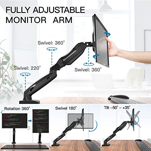 HUANUO Brazo Singular de Monitor Pantallas LCD LED de 13-27 ’’, Brazo de Resorte de Gas Giratorio de 360°, 2 Métodos de Montaje Opcionales, Soporte VESA 75-100 mm y Peso 2-6.5 kg