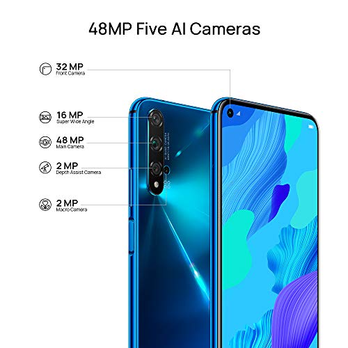 Huawei Nova 5T, Smartphone (6GB de RAM, 128GB de Memoria Interna, 5 Cámaras IA, FullView Display, Sensor de Huella Lateral, 3750 mAh) Dual-SIM, Infrared USB, Android, 6.26", Azul