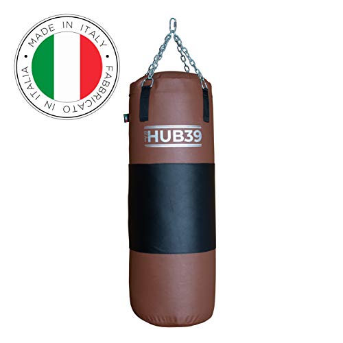 Hub39 Saco de boxeo con banda de cuero de 30 kg – Saco – Boxeo largo 100 cm – Saco de boxeo lleno de boxeo – 30 kg (marrón banda negra)