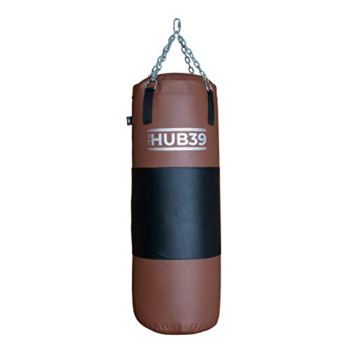 Hub39 Saco de boxeo con banda de cuero de 30 kg – Saco – Boxeo largo 100 cm – Saco de boxeo lleno de boxeo – 30 kg (marrón banda negra)