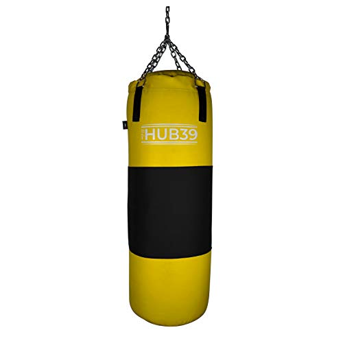 Hub39 Saco de boxeo con banda de cuero de 40 kg – Saco – Boxeo largo 100 cm – Saco lleno de boxeo – Saco de boxeo lleno 40 kg (amarillo banda negra)