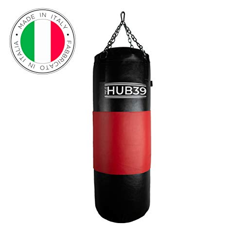 Hub39 Saco de boxeo con banda de cuero de 50 kg – Saco – Boxeo largo 100 cm – Saco lleno de boxeo – Saco de boxeo lleno 50 kg (negro banda roja)
