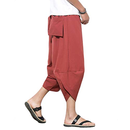 Huicai Pantalones Harem Capri de Hombre Pantalones Cortos Holgados Casuales Lounge Pantalón de algodón y Lino Pantalones japoneses Salvajes